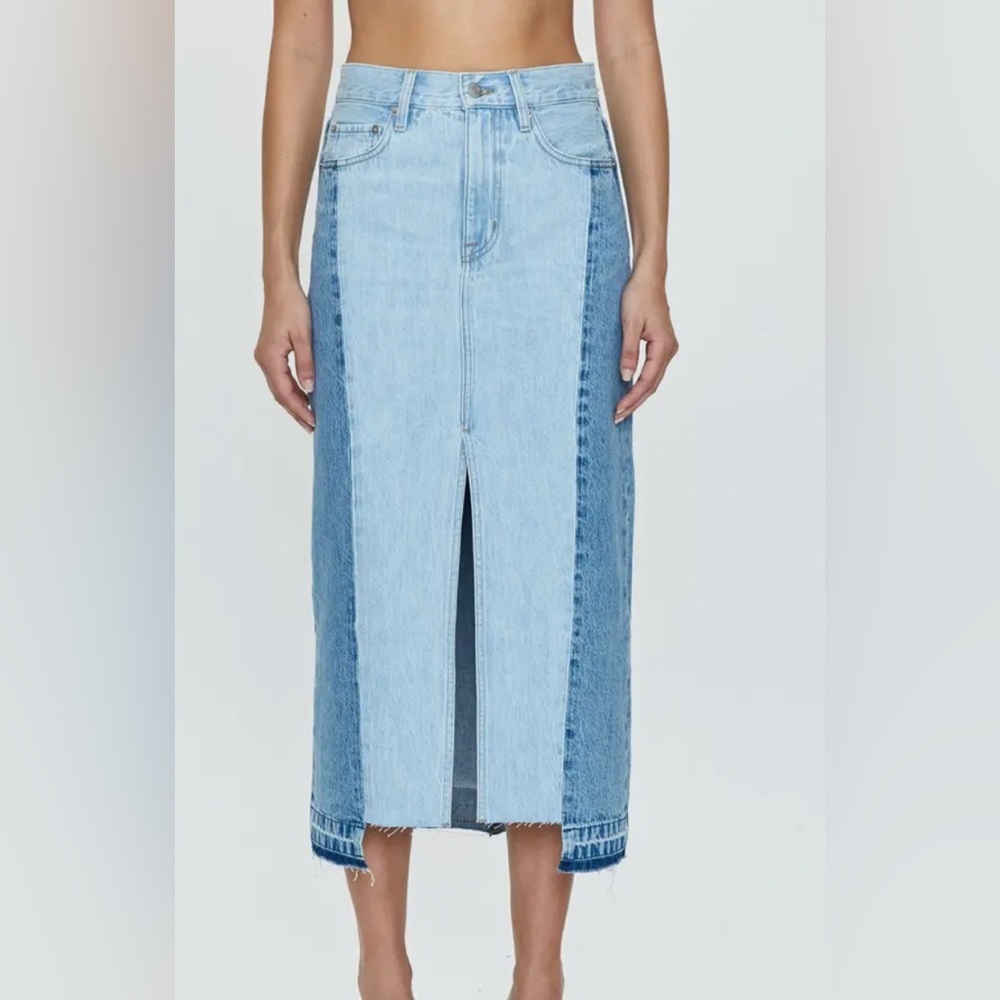 pistola Two-Tone Light Blue Denim Midi Skirt with Front Slit
